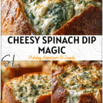 Cheesy spinach sourdough dip served in a golden round loaf with creamy spinach and artichoke filling.